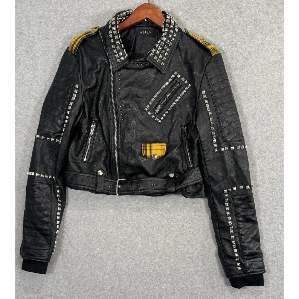 Azalea Wang Studded Vegan Leather Moto Jacket Plaid Monster High Frankie Stein M - Picture 7 of 16